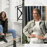 Dwie kobiety prezentują stylizacje do kina: jedna w czarnej bluzce i jeansach, druga w jasnej kurtce i białym topie.