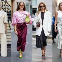 Eleganckie stylizacje na roczek dla mamy: kremowy garnitur, różowa satyna, biała marynarka i srebrna spódnica.