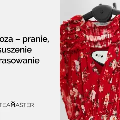 Czerwona sukienka z wiskozy na wieszaku, obok tekst "Wiskoza - pranie, suszenie i prasowanie" oraz logo STEAMASTER.