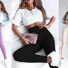 Trzy kobiety prezentują stylizacje z legginsami: fioletowymi, czarnymi i beżowymi. Idealna bluzka do legginsów to crop top.