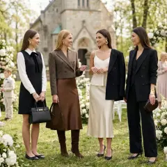 Eleganckie kobiety w czerni i beżu rozmawiają przy kościele. Czy na komunie można ubrac sie na czarno? Tak, jeśli jest to stylizacja z klasą.