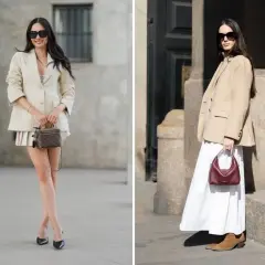 Eleganckie stylizacje z plisowaną spódnicą: beżowy żakiet i mini spódniczka lub biała maxi spódnica.