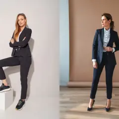 Damski garnitur: jakie buty wybrać? Na lewo eleganckie sneakersy, na prawo klasyczne szpilki.