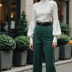 Eleganckie spodnie na szerokie uda w kolorze butelkowej zieleni, zestawione z białą bluzką z bufiastymi rękawami.