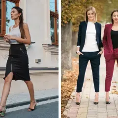 Eleganckie stylizacje na imprezę firmową: czarna spódnica z zamkiem i szpilki, lub garnitury w granacie i bordo.