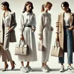 Sześć kobiet prezentuje stylizacje smart casual: eleganckie spodnie, płaszcze i stylowe torebki.