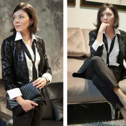 Eleganckie stylizacje sylwestrowe ze spodniami: błyszcząca marynarka, biała koszula i czarne spodnie. Idealne na powitanie Nowego Roku.