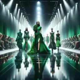 Pokaz mody w odcieniach zieleni. Kolor zielony znaczenie ma w naturze, ale tu symbolizuje elegancję i luksus na wybiegu.