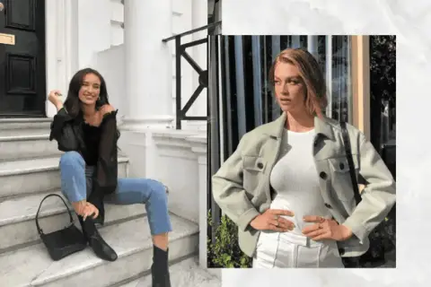 Dwie kobiety prezentują stylizacje do kina: jedna w czarnej bluzce i jeansach, druga w jasnej kurtce i białym topie.