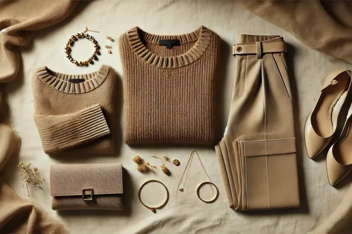 Elegancka stylizacja w odcieniach beżu i brązu: swetry, spodnie, buty i biżuteria. Jaki kolor pasuje do brązu? Beż i złoto tworzą harmonijną całość.
