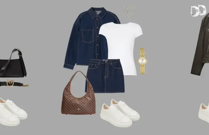 Stylizacje z marynarką oversize, jeansami, sukienką i denimową spódnicą. Białe t-shirty, sneakersy i torebki dopełniają zestawy.