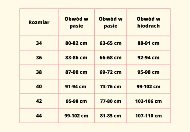 Tabela rozmiarów damskich. Rozmiar 44 odpowiada obwodowi w pasie 99-102 cm i biodrach 107-110 cm.