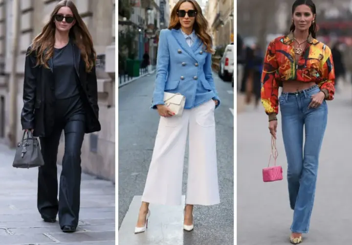 Eleganckie figura gruszka stylizacje: czarny total look, błękitny tweed i jeansy.