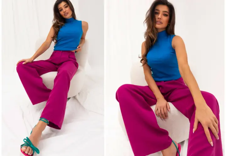 Modelka w stylizacji, która udowadnia, czy niebieski pasuje do różowego. Wyraziste kolory i luźne spodnie tworzą modny look.