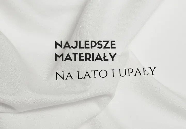 Biały, **przewiewny materiał na lato** w delikatne prążki. Napis: "Najlepsze materiały na lato i upały".