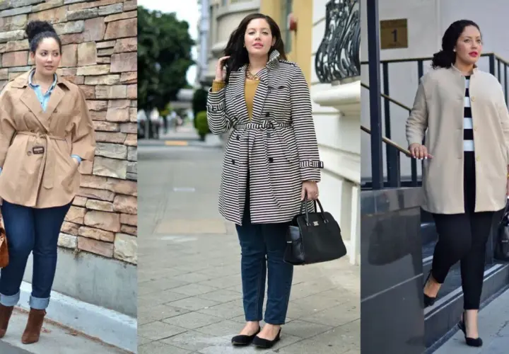 Eleganckie stylizacje dla puszystych: trzy modne kobiety prezentują płaszcze i spodnie, tworząc stylowe zestawy.