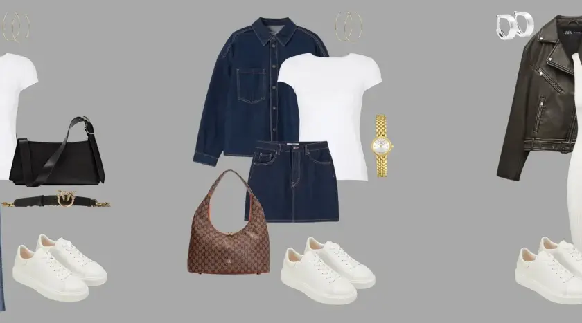Stylizacje z marynarką oversize, jeansami, sukienką i denimową spódnicą. Białe t-shirty, sneakersy i torebki dopełniają zestawy.