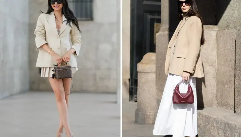 Eleganckie stylizacje z plisowaną spódnicą: beżowy żakiet i mini spódniczka lub biała maxi spódnica.