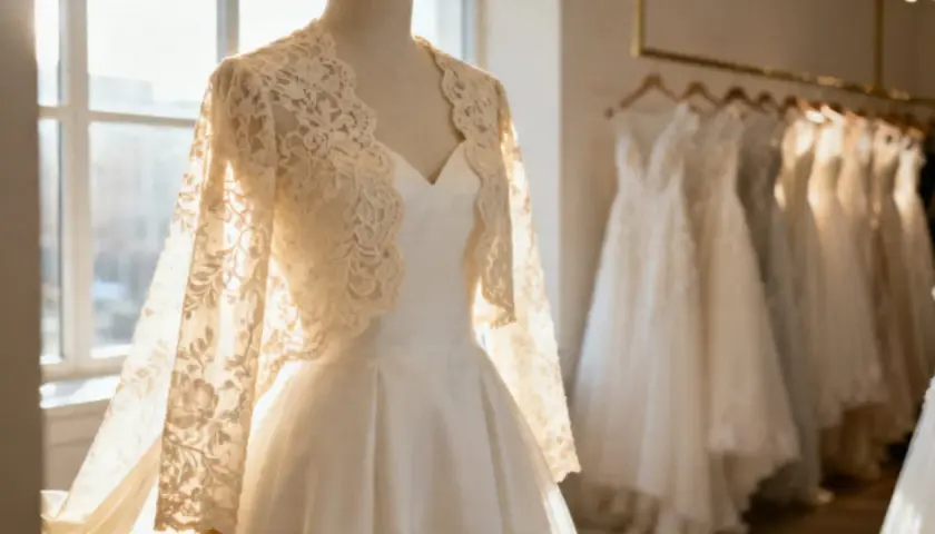 Elegancka koronkowa narzutka na sukienkę to idealna odpowiedź na pytanie, co założyć na sukienkę na wesele jesienią. W tle inne suknie ślubne.