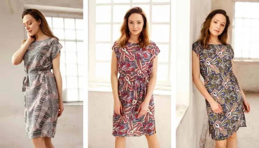 Trzy kobiety w sukienkach z wzorem paisley. Czy rayon oddycha? Tak, jest lekki i przewiewny, idealny na lato.