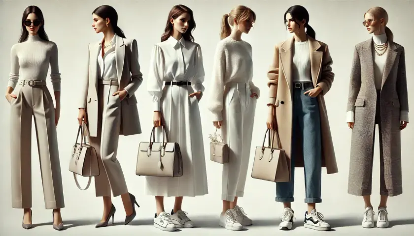Sześć kobiet prezentuje stylizacje smart casual: eleganckie spodnie, płaszcze i stylowe torebki.