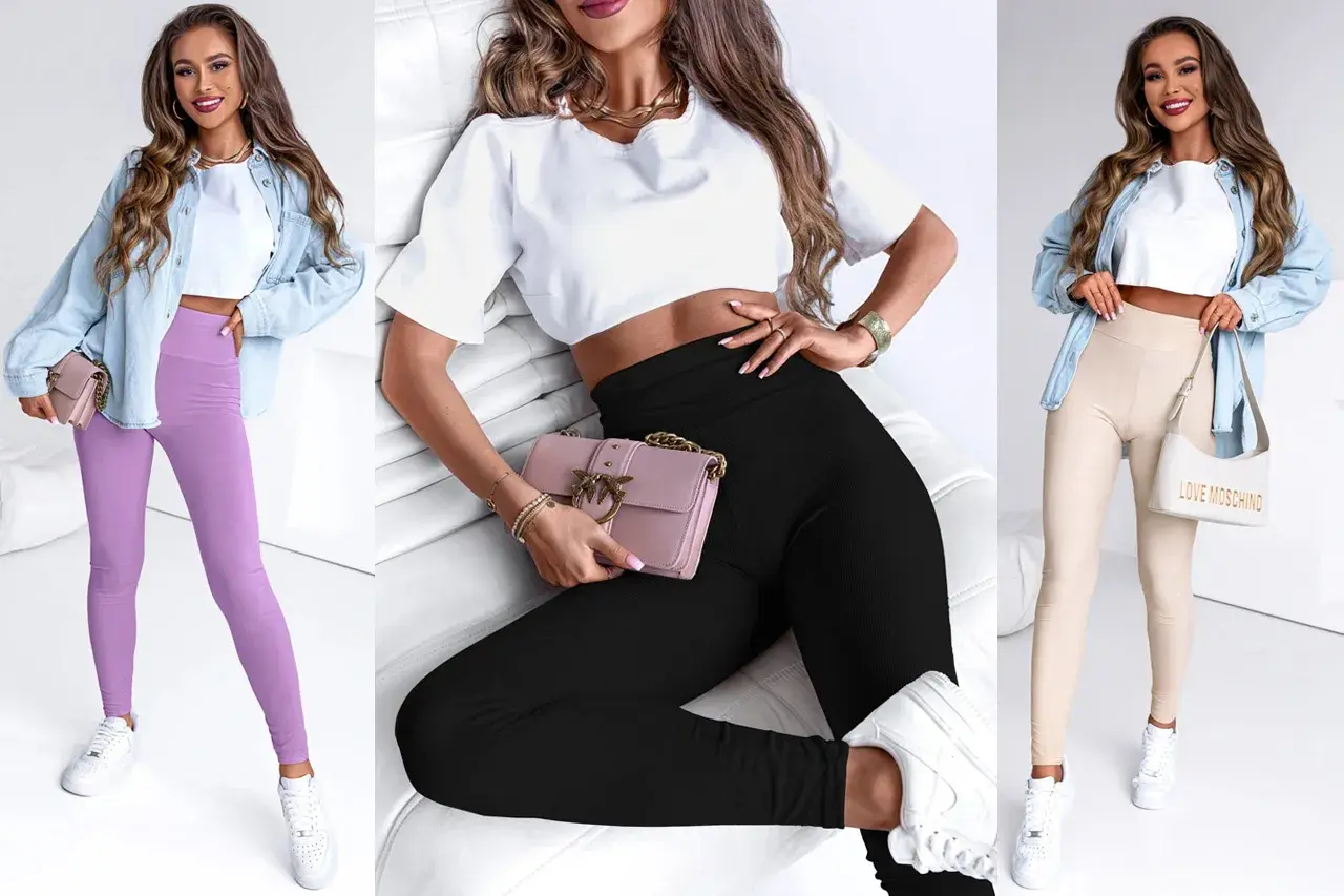 Trzy kobiety prezentują stylizacje z legginsami: fioletowymi, czarnymi i beżowymi. Idealna bluzka do legginsów to crop top.