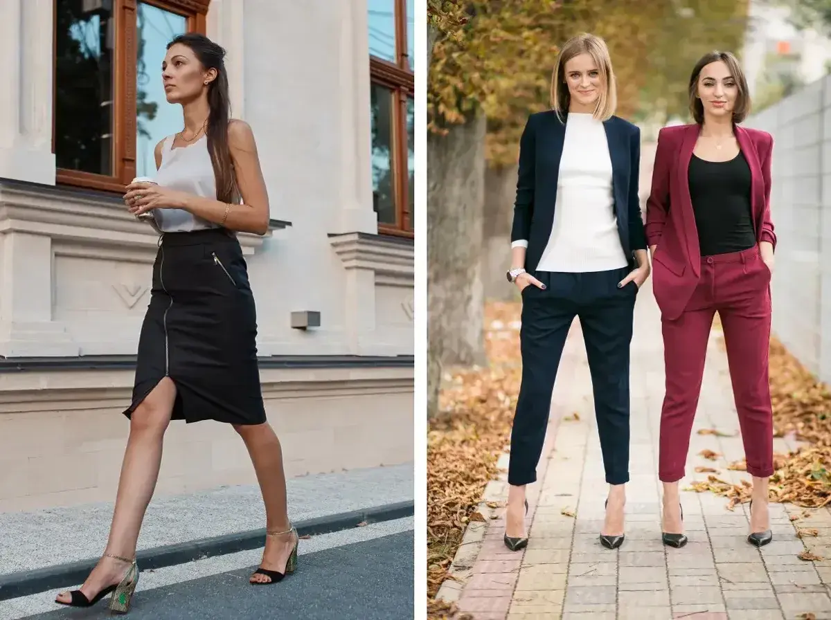 Eleganckie stylizacje na imprezę firmową: czarna spódnica z zamkiem i szpilki, lub garnitury w granacie i bordo.