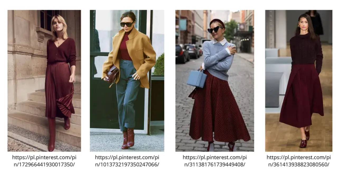 Eleganckie stylizacje z bordowymi spodniami i spódnicami. Wzorzysta spódnica midi, plisowana spódnica i szerokie spodnie w bordowym kolorze.