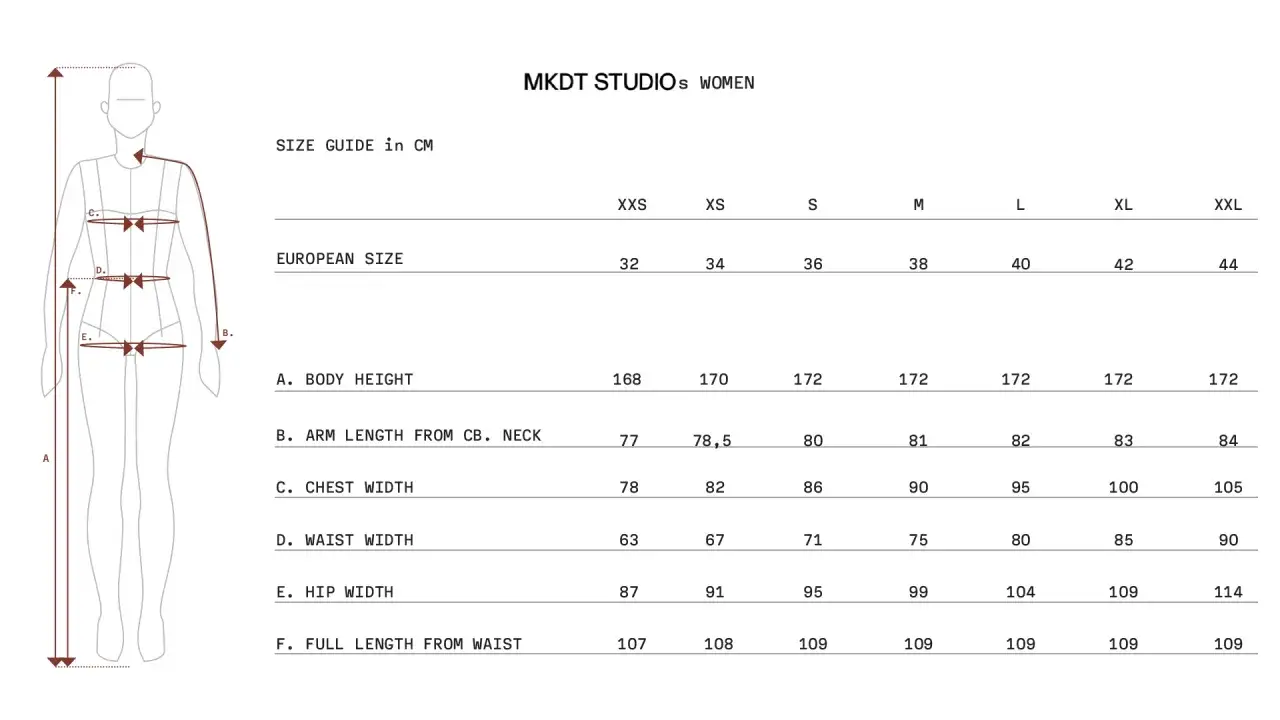 Tabela rozmiarów MKDT STUDIOS WOMEN. Wymiary w cm: obwód w pasie (D) od 63 do 90.