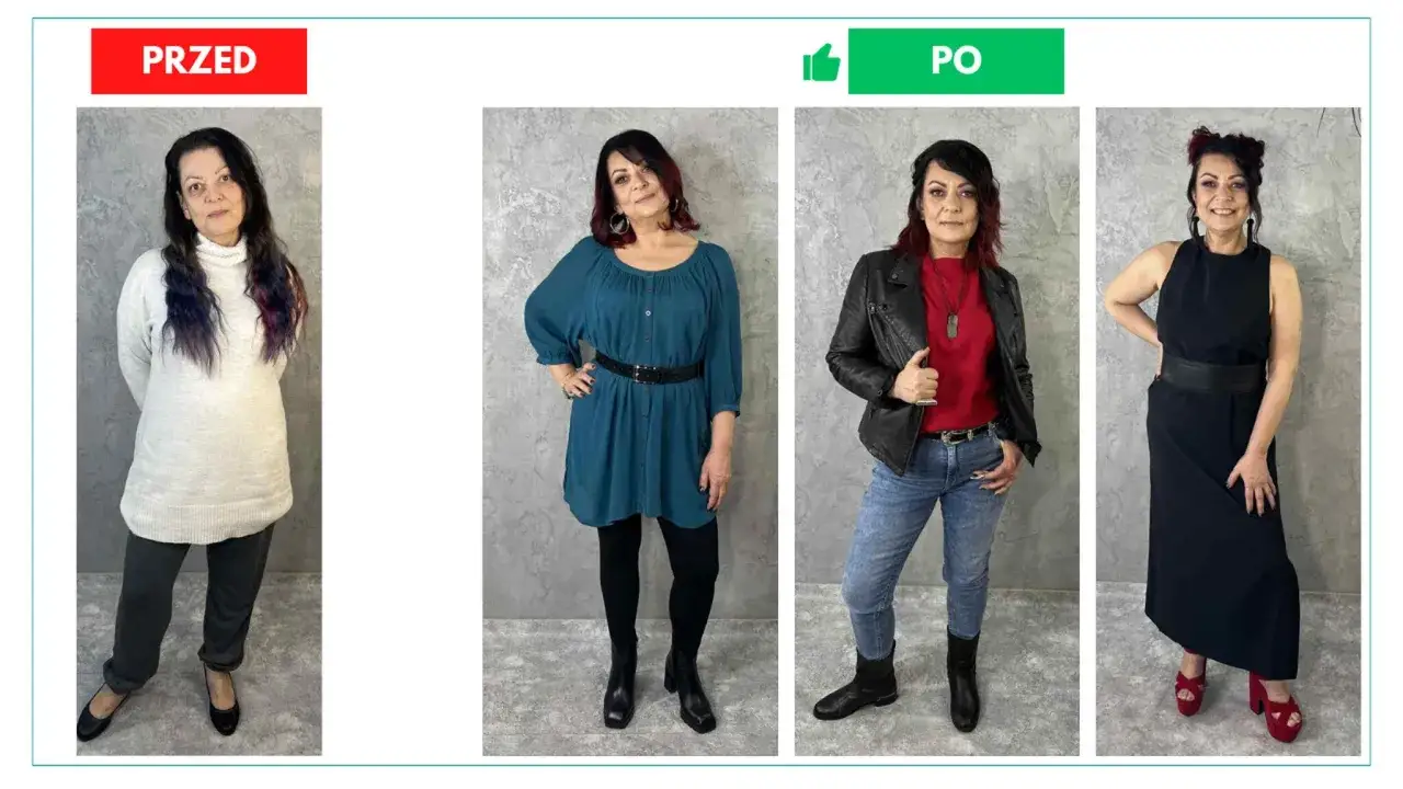 Kobieta prezentuje cztery stylizacje. Pierwsza, luźna, sprawia, że wygląda na postarzałą. Kolejne trzy to modne zestawy, które dodają jej pewności siebie.