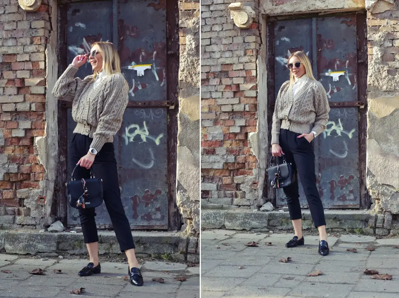 Elegancka stylizacja: czarne, dopasowane spodnie do mokasynów damskich, beżowy sweterek i torebka. Idealny zestaw na co dzień.