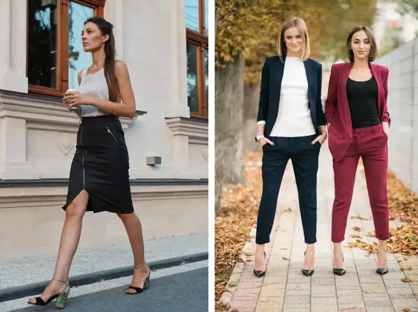 Eleganckie stylizacje na imprezę firmową: czarna spódnica z zamkiem i szpilki, lub garnitury w granacie i bordo.